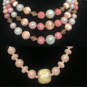 Lot of 2 - Vintage Pink beads beaded necklace 3-strand and single Painted Floral